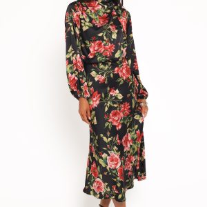 Perrie Long Sleeve Midi Dress - Black Floral