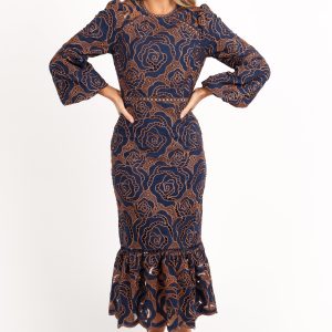 Pierre Long Sleeve Lace Maxi Dress - Navy