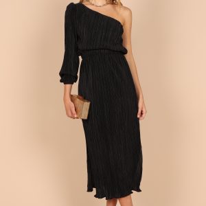Pontee One Shoulder Pleated Midi Dress - Black