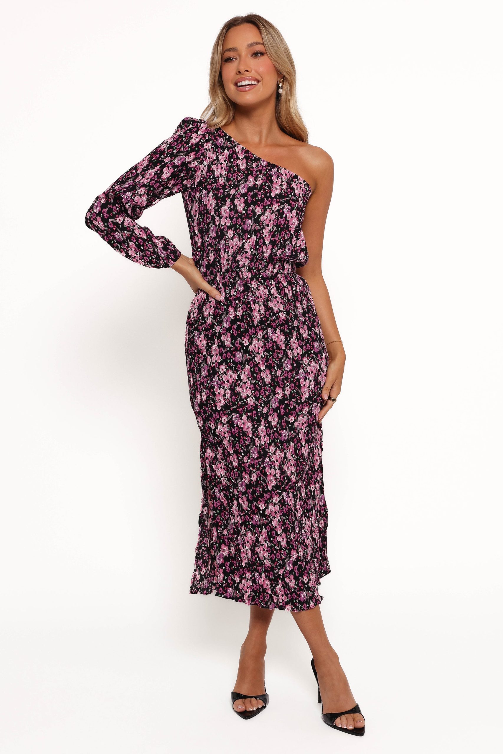 Pontee One Shoulder Pleated Midi Dress - Black/Purple - Image 2