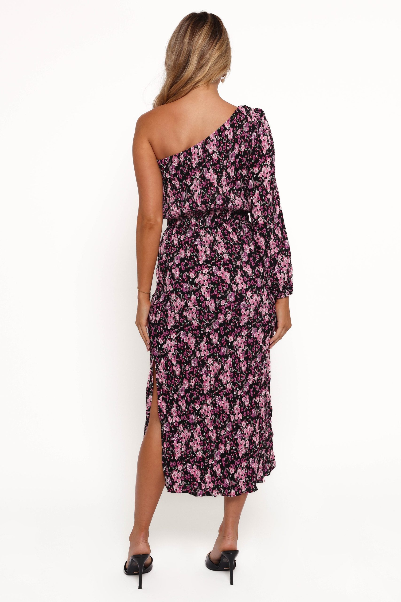 Pontee One Shoulder Pleated Midi Dress - Black/Purple - Image 5