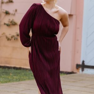 Pontee One Shoulder Pleated Midi Dress - Burgundy