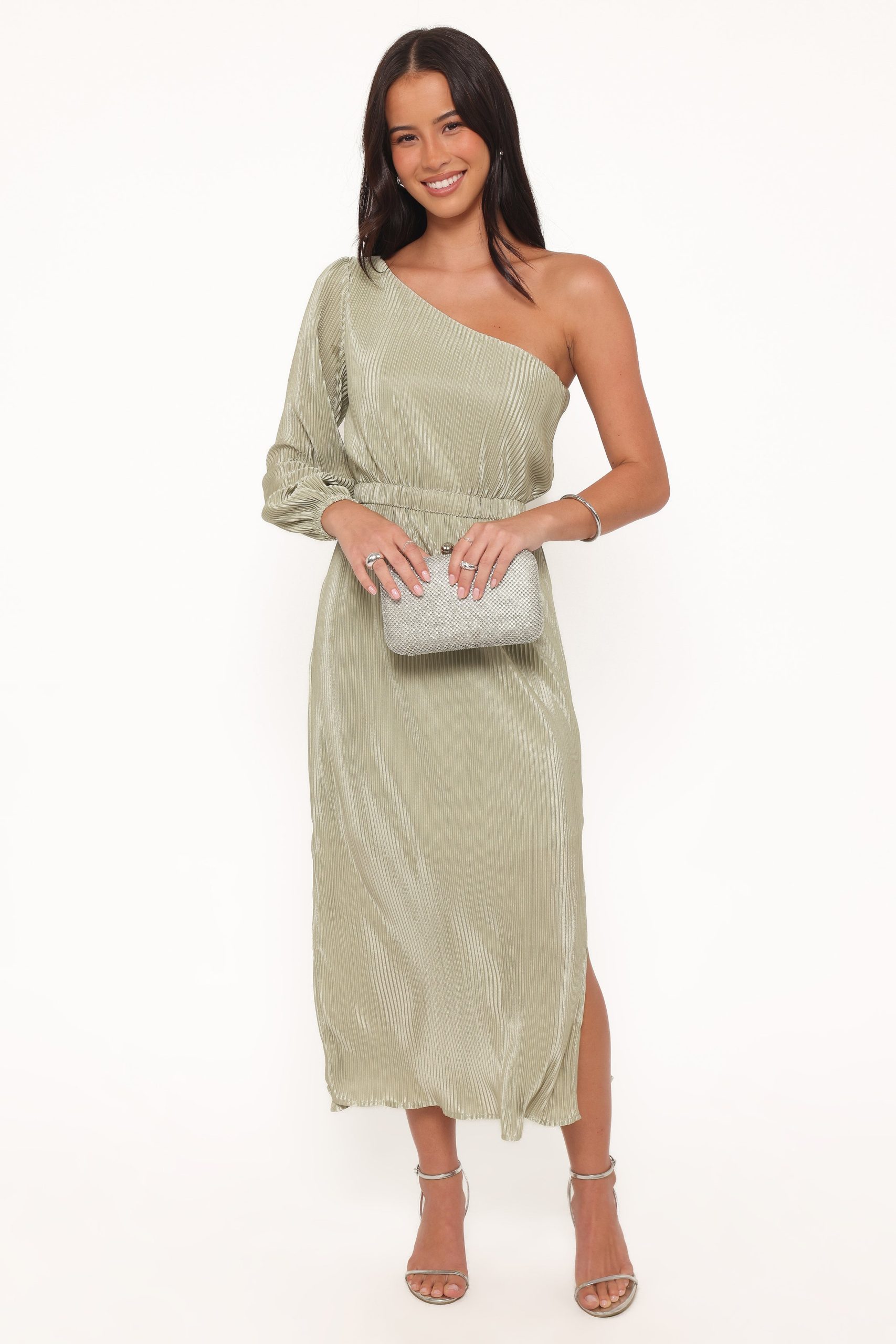 Pontee One Shoulder Pleated Midi Dress - Sage Green - Image 6