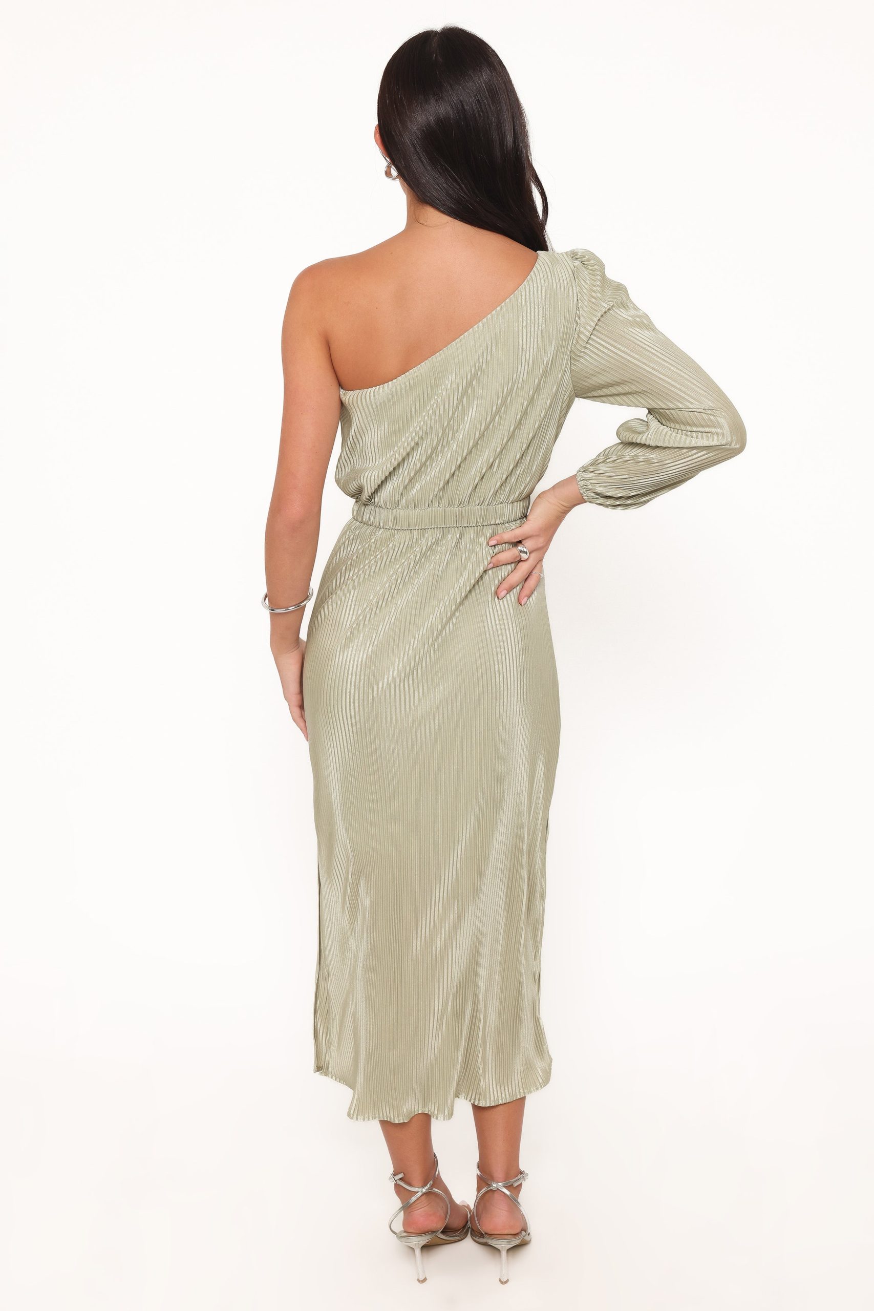 Pontee One Shoulder Pleated Midi Dress - Sage Green - Image 4