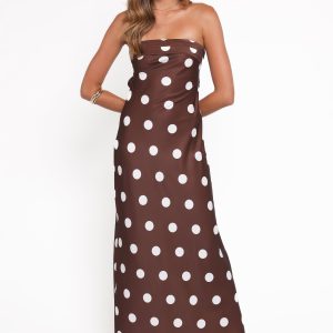 Remmie Strapless Maxi Dress - Brown Polka Dot