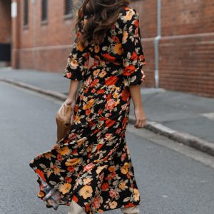 Ruana Maxi Dress - Black Floral