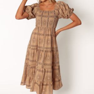 Soliel Puff Sleeve Midi Dress - Tan Black