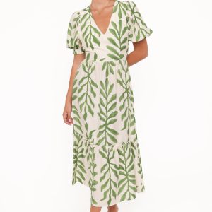 Steele Puff Sleeve Midi Dress - Green Palm