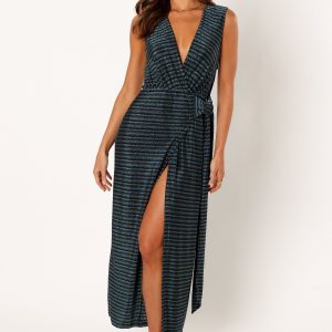 Tahlia Wrap Midi Dress - Blue Gold Stripe