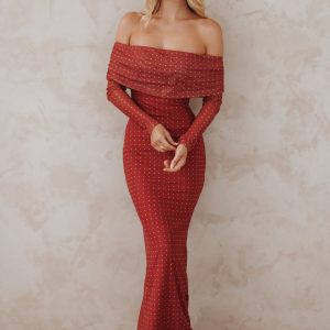 Zeva Off Shoulder Maxi Dress - Burgundy Spot