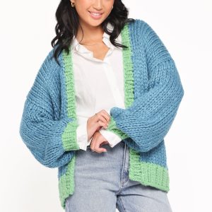 Anige Contrast Trim Cardigan - Blue/Green