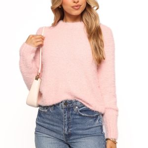 Aspra Fuzzy Crewneck Knit Sweater - Pink