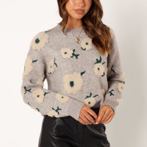 Aubrielle All Over Flower Knit Sweater - Grey Green