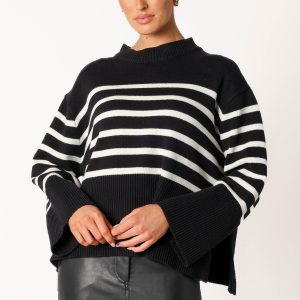 Avalynn Striped Knit Sweater - Black White