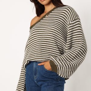 Becca Crewneck Waffle Stitch Stripe Knit Sweater - Olive