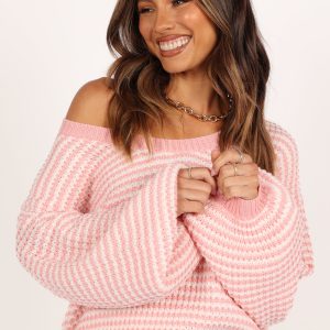 Becca Crewneck Waffle Stitch Stripe Knit Sweater - Pink