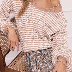 Becca Crewneck Waffle Stitch Stripe Knit Sweater - Tan