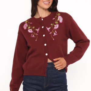 Brittany Placed Embroidery Flower Cardigan - Burgundy
