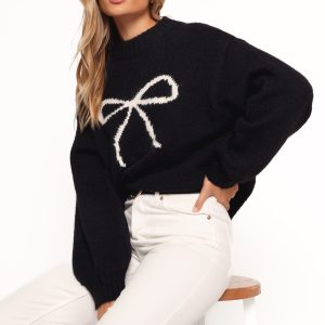 Cecelia Bow Print Mock Neck Knit Sweater - Black