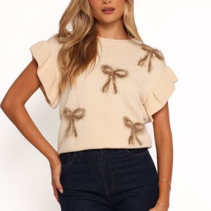 Cherish Ruffle Sleeve Bow Knit Sweater - Cream