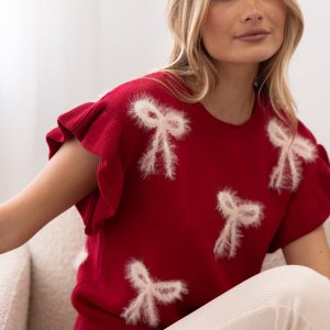 Cherish Ruffle Sleeve Bow Knit Sweater - Red
