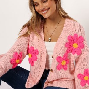 Clementine Flower Embroidered Open Front Cardigan - Pink