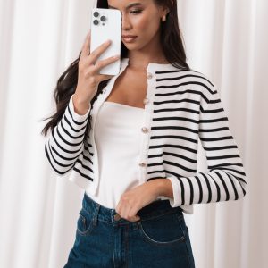 Cynthia Striped Button Front Cardigan - Black/Cream