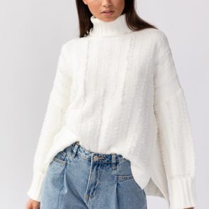 Dana Turtleneck Fringe Knit Sweater - White