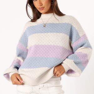 Dani Multi Stripe Knit Sweater - White Light Blue