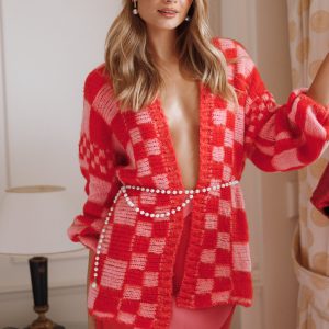 Davina Pattern Open Front Cardigan - Red/Pink