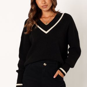 Dominique Contrast Vneck Knit Sweater - Black/Cream