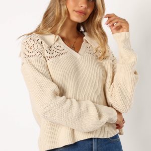 Emerie Crochet Detail Collar Knit Sweater - Ivory