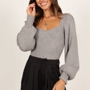 Gia Sweetheart Neck Bell Sleeve Knit Sweater - Light Grey