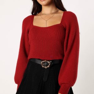 Gia Sweetheart Neck Bell Sleeve Knit Sweater - Wine