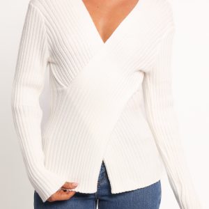 Hannon Ribbed Crossover Knit Sweater - White