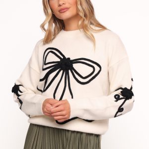 Isiora Bow Embroidered Knit Sweater - Cream