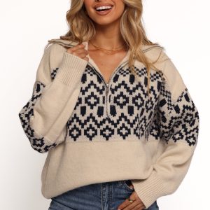 Jethro Quarter Zip Fairisle Knit Sweater - Cream/Navy