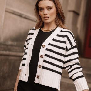 Kallen Button Front Striped Cardigan - Cream/Black