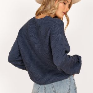 Katrina Textured Sleeve Crewneck Knit Sweater - Midnight Blue