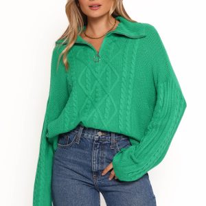 Leon Quarter Zip Cable Knit Sweater - Green