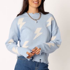 Lightning Bolt Printed Fray Detail Knit Sweater - Light Blue
