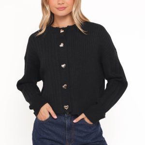 Loulani Heart Button Cardigan - Black