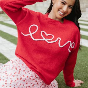 Love Embroidered Knit Sweater - Red