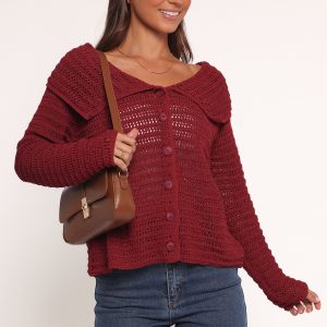 Lyra Large Collar Cardigan - Burgundy