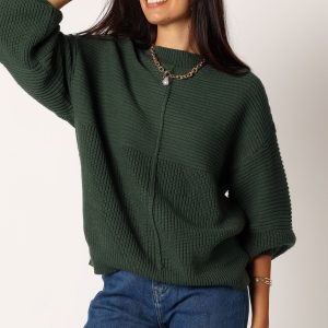 Meredith Ribbed Crewneck Knit Sweater - Green