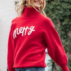 Merry Turtleneck Knit Sweater - Red/White