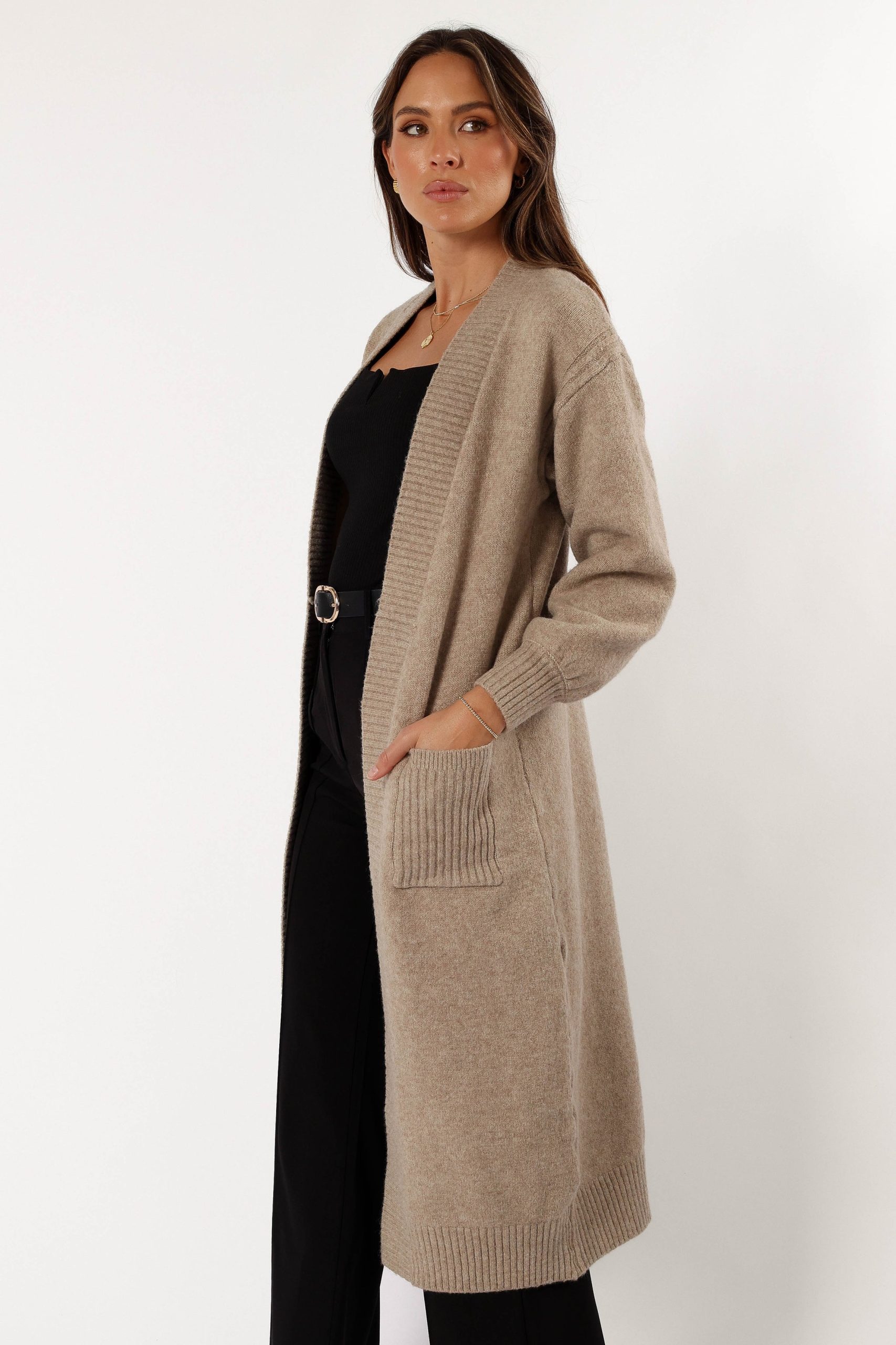 Nicolette Open Front Long Cardigan - Latte - Image 3