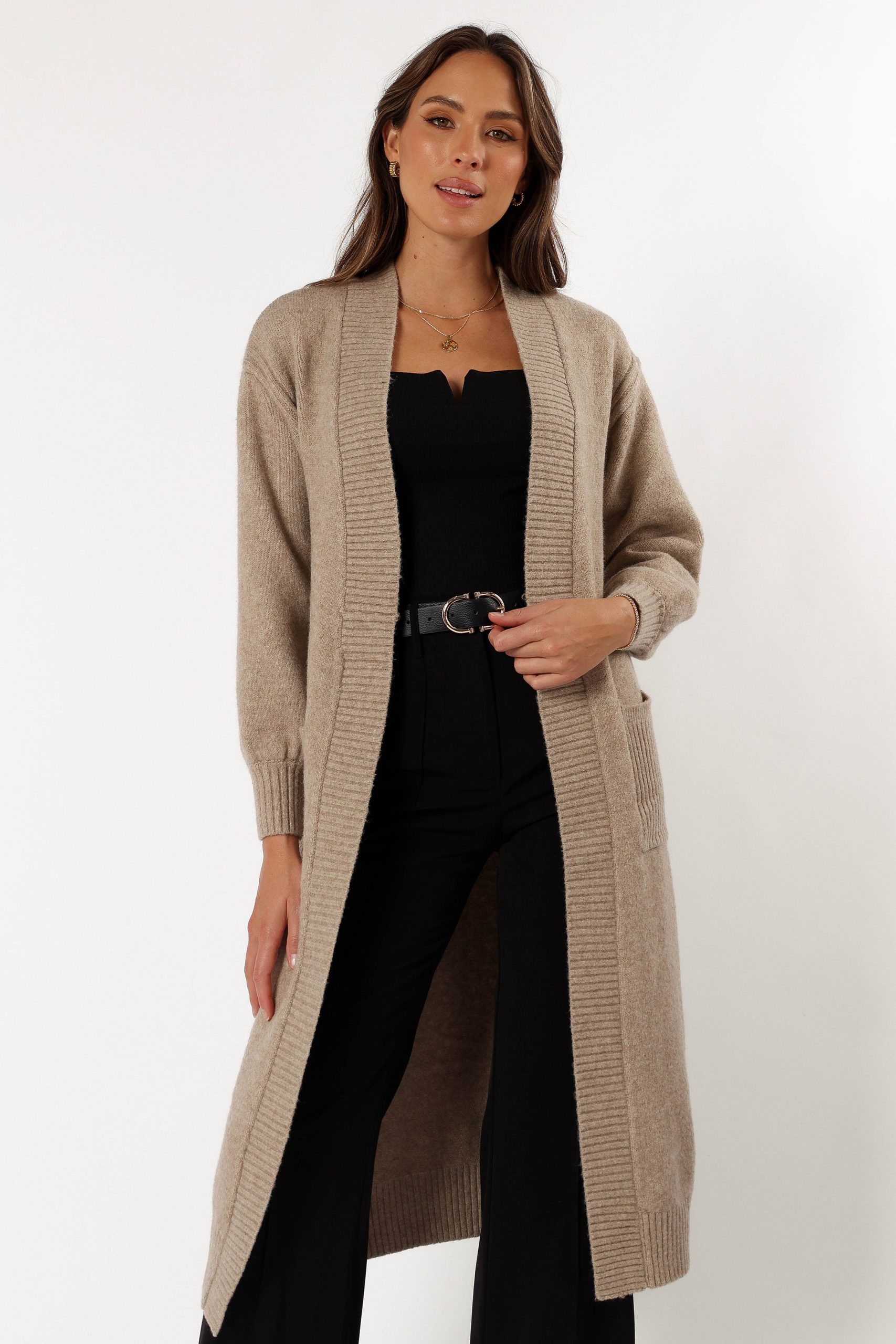 Nicolette Open Front Long Cardigan - Latte - Image 5