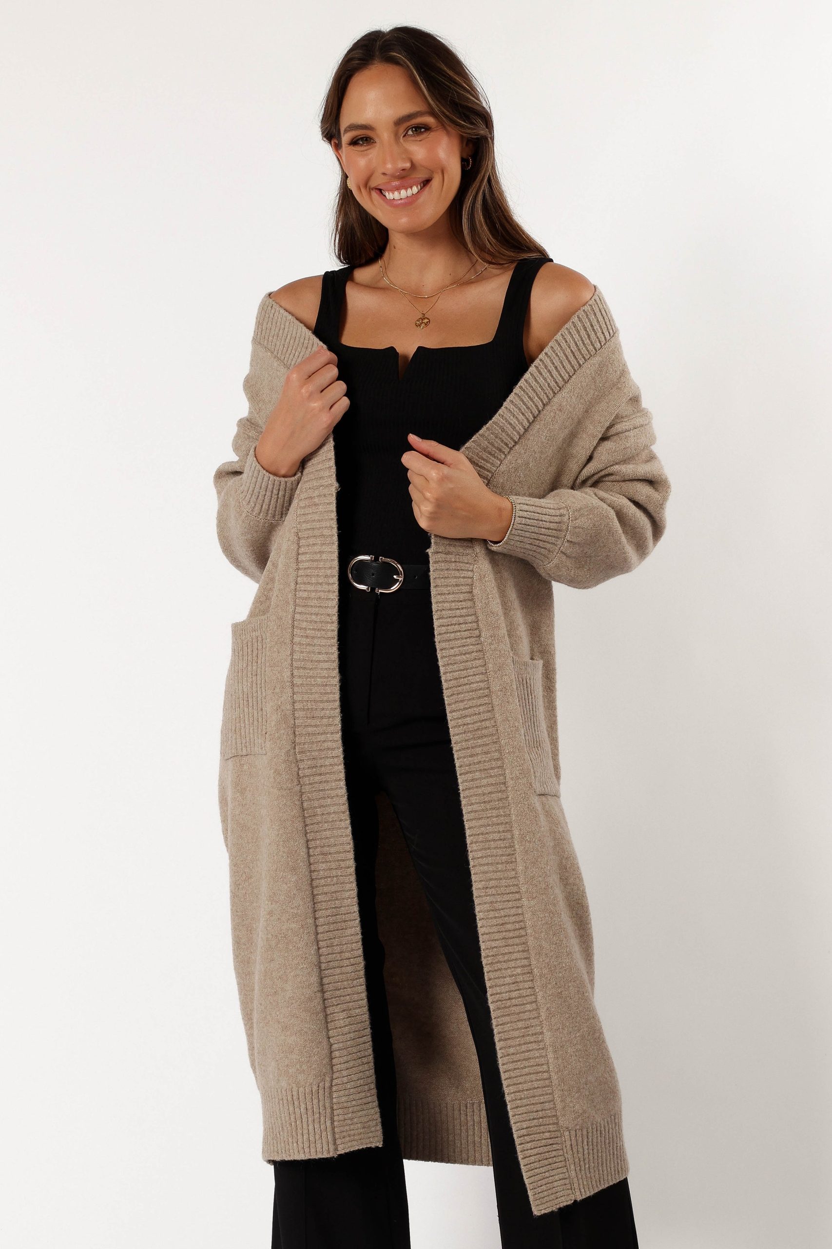 Nicolette Open Front Long Cardigan - Latte - Image 9