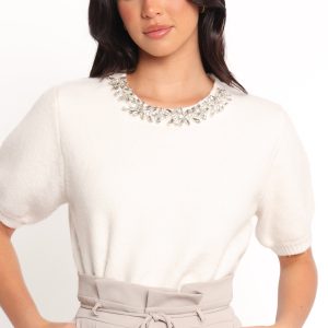 Orlana Embellished Neck Short Sleeve Sweater - Cream